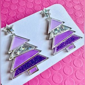 New Purple Christmas Tree Star Confetti Glitter Acrylic Earrings - 2.75”